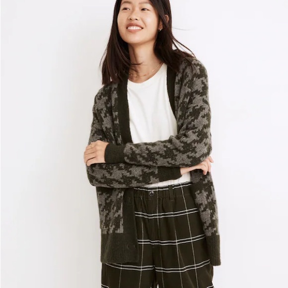 Madewell ALLSTON Heather Pine Green Houndstooth Check Knit Cardigan Sweater 1X